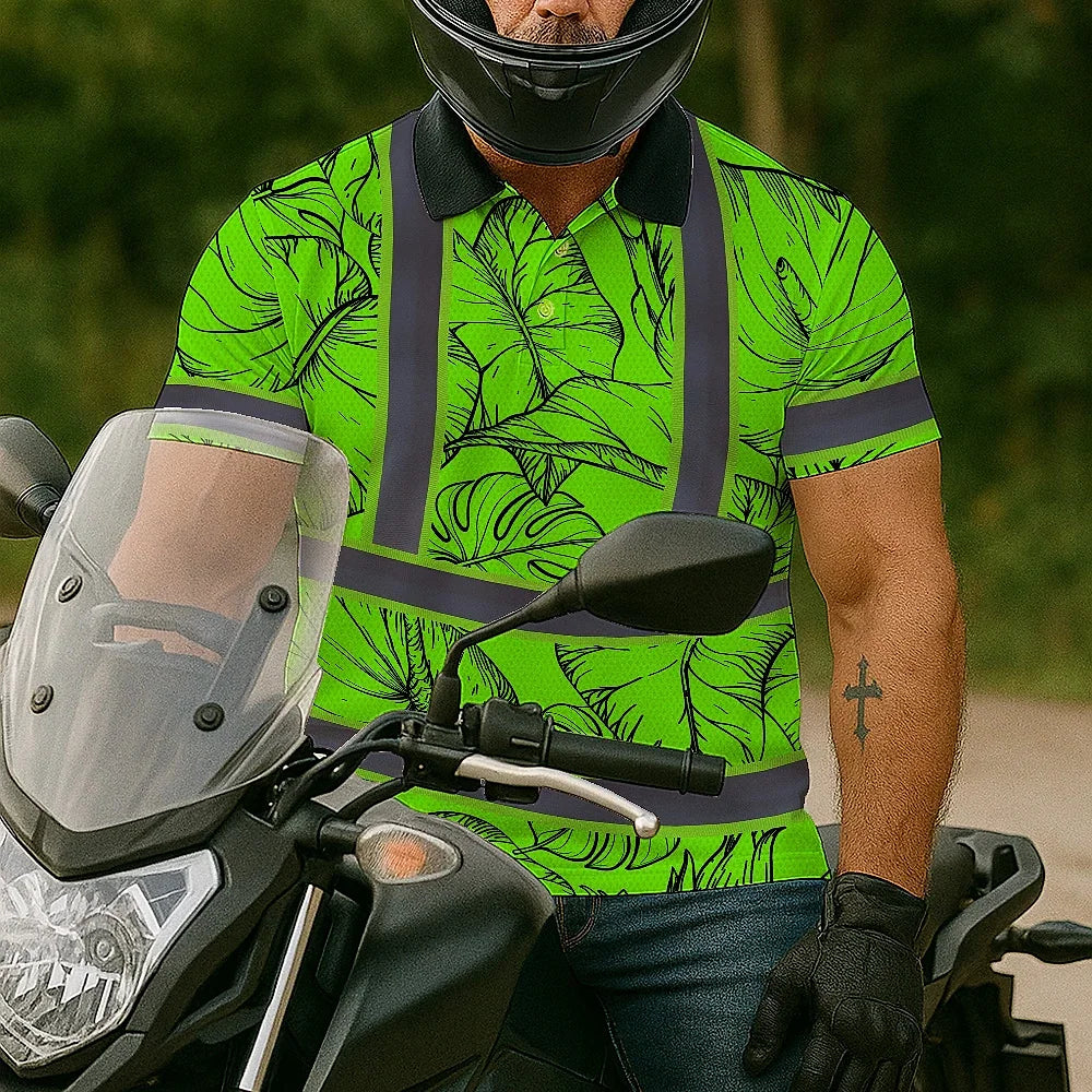 Hi Vis Polo Shirt Reflective Tapes Green Black Neon Flowers Custom Name Safety Workwear For Workers, Truckers, Operators