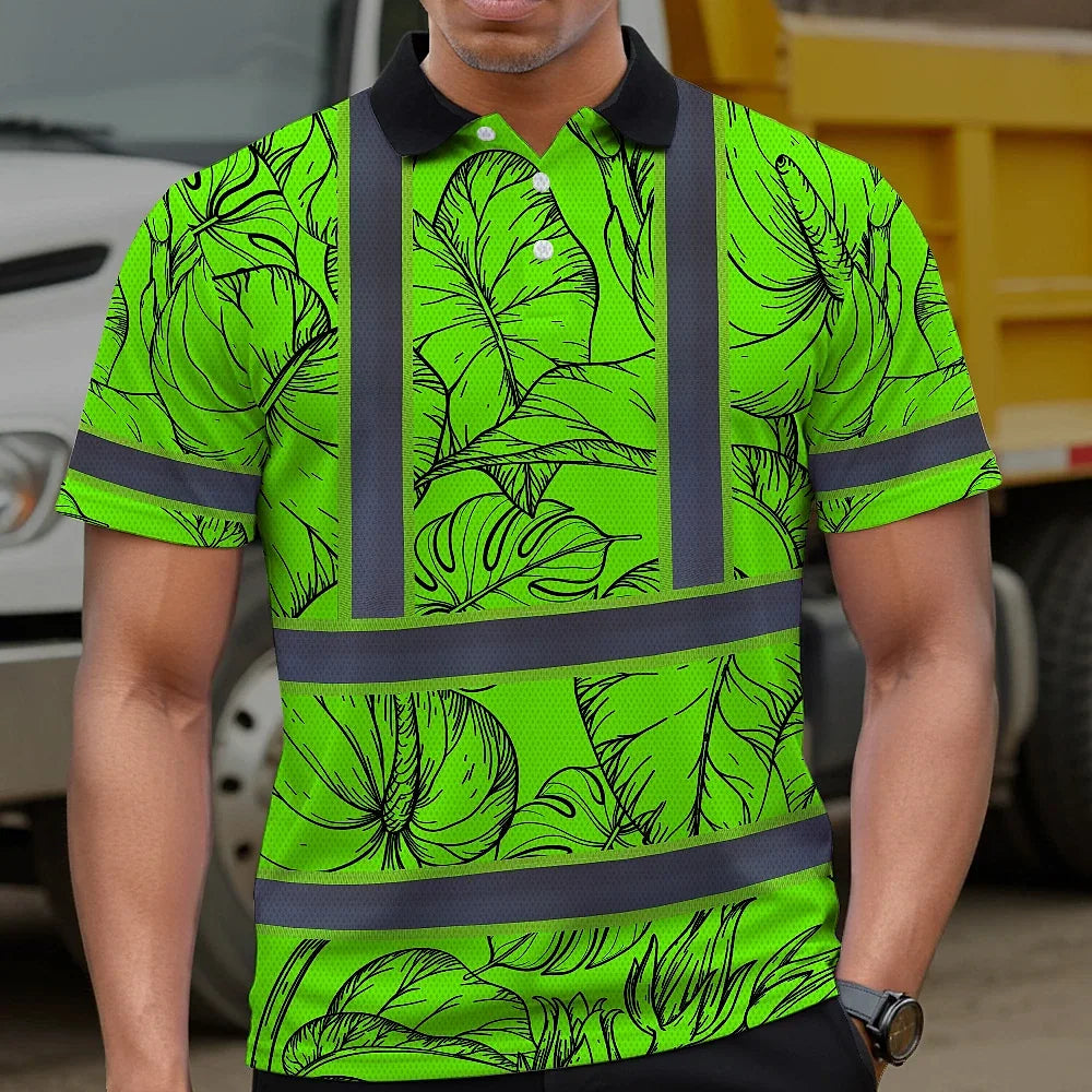 Hi Vis Polo Shirt Reflective Tapes Green Black Neon Flowers Custom Name Safety Workwear For Workers, Truckers, Operators