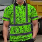 Hi Vis Polo Shirt Reflective Tapes Green Black Neon Flowers Custom Name Safety Workwear For Workers, Truckers, Operators