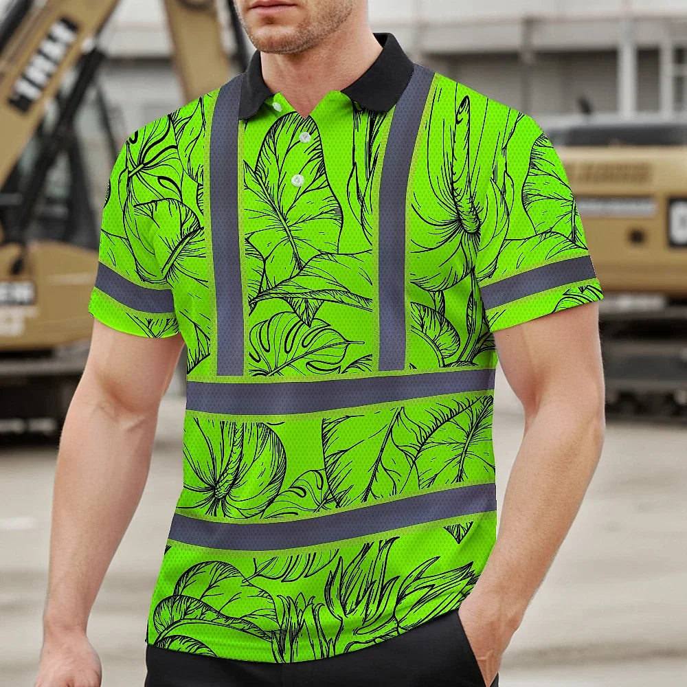 Hi Vis Polo Shirt Reflective Tapes Green Black Neon Flowers Custom Name Safety Workwear For Workers, Truckers, Operators