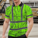 Hi Vis Polo Shirt Reflective Tapes Green Black Neon Flowers Custom Name Safety Workwear For Workers, Truckers, Operators