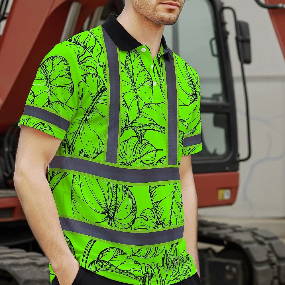 Hi Vis Polo Shirt Reflective Tapes Green Black Neon Flowers Custom Name Safety Workwear For Workers, Truckers, Operators