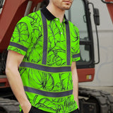 Hi Vis Polo Shirt Reflective Tapes Green Black Neon Flowers Custom Name Safety Workwear For Workers, Truckers, Operators