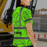 Hi Vis Polo Shirt Reflective Tapes Green Black Neon Flowers Custom Name Safety Workwear For Workers, Truckers, Operators
