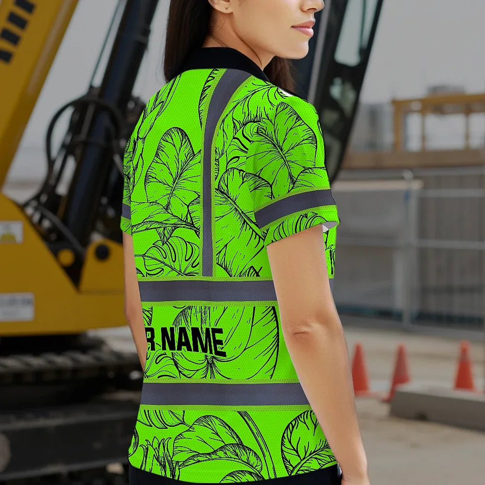 Hi Vis Polo Shirt Reflective Tapes Green Black Neon Flowers Custom Name Safety Workwear For Workers, Truckers, Operators
