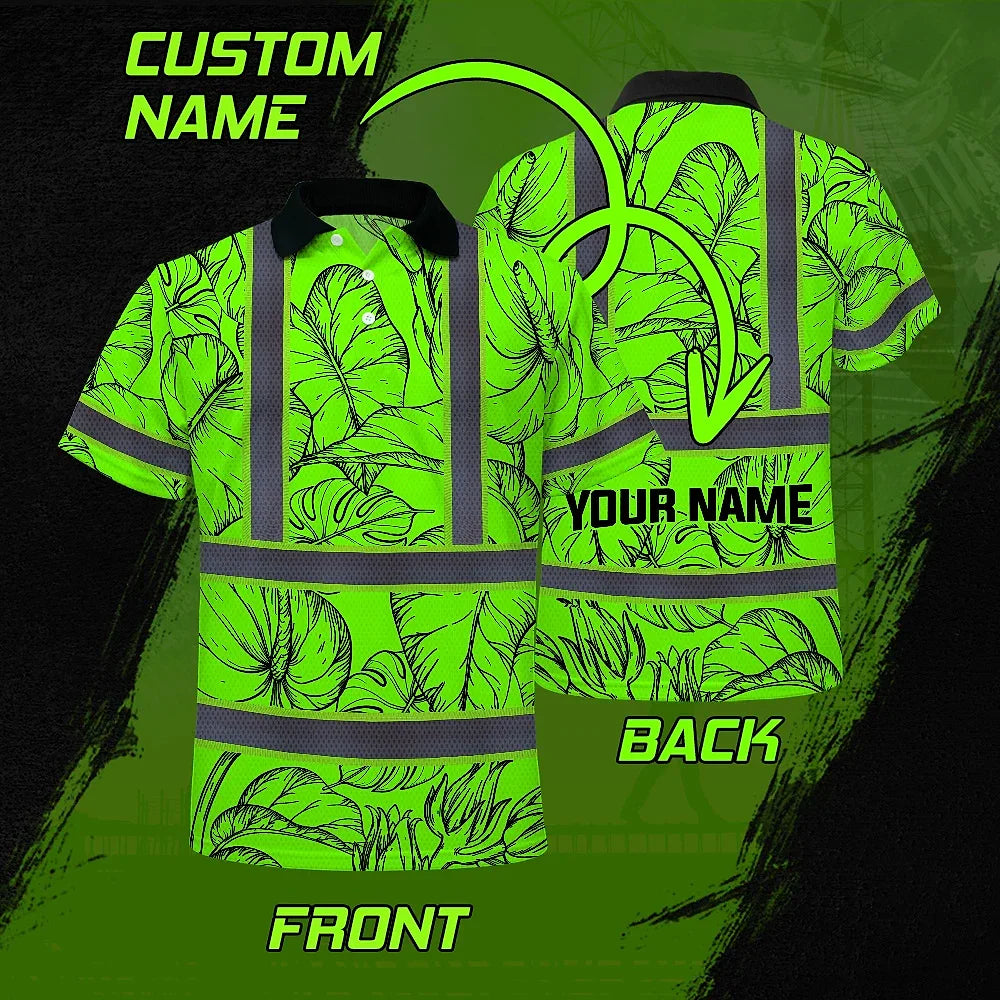 Hi Vis Polo Shirt Reflective Tapes Green Black Neon Flowers Custom Name Safety Workwear For Workers, Truckers, Operators