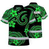 Hi Vis Polo Shirt Reflective Tapes Green Black Polynesian Custom Name Safety Workwear For Workers, Truckers, Operators