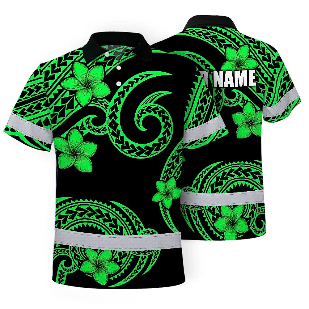 Hi Vis Polo Shirt Reflective Tapes Green Black Polynesian Custom Name Safety Workwear For Workers, Truckers, Operators