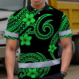 Hi Vis Polo Shirt Reflective Tapes Green Black Polynesian Custom Name Safety Workwear For Workers, Truckers, Operators