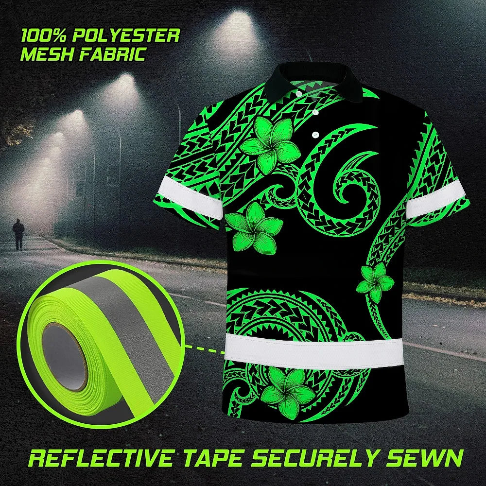 Hi Vis Polo Shirt Reflective Tapes Green Black Polynesian Custom Name Safety Workwear For Workers, Truckers, Operators