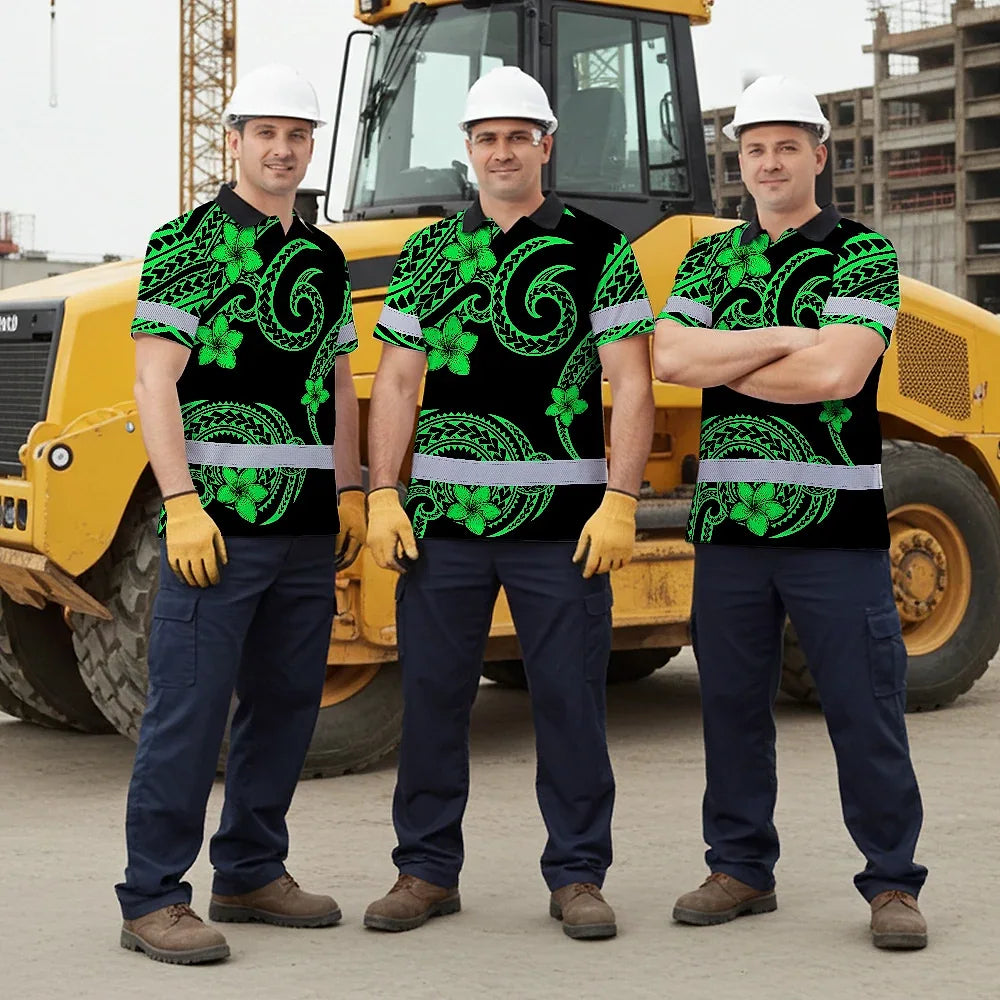 Hi Vis Polo Shirt Reflective Tapes Green Black Polynesian Custom Name Safety Workwear For Workers, Truckers, Operators