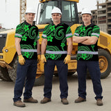 Hi Vis Polo Shirt Reflective Tapes Green Black Polynesian Custom Name Safety Workwear For Workers, Truckers, Operators