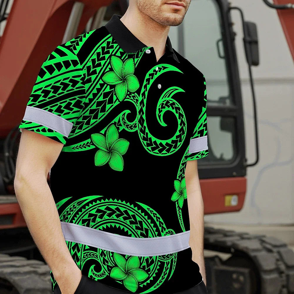 Hi Vis Polo Shirt Reflective Tapes Green Black Polynesian Custom Name Safety Workwear For Workers, Truckers, Operators