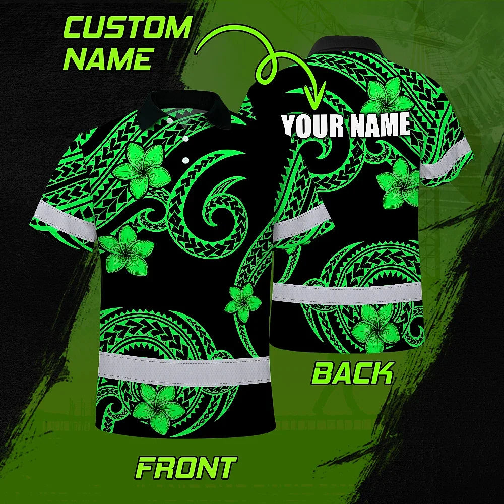 Hi Vis Polo Shirt Reflective Tapes Green Black Polynesian Custom Name Safety Workwear For Workers, Truckers, Operators