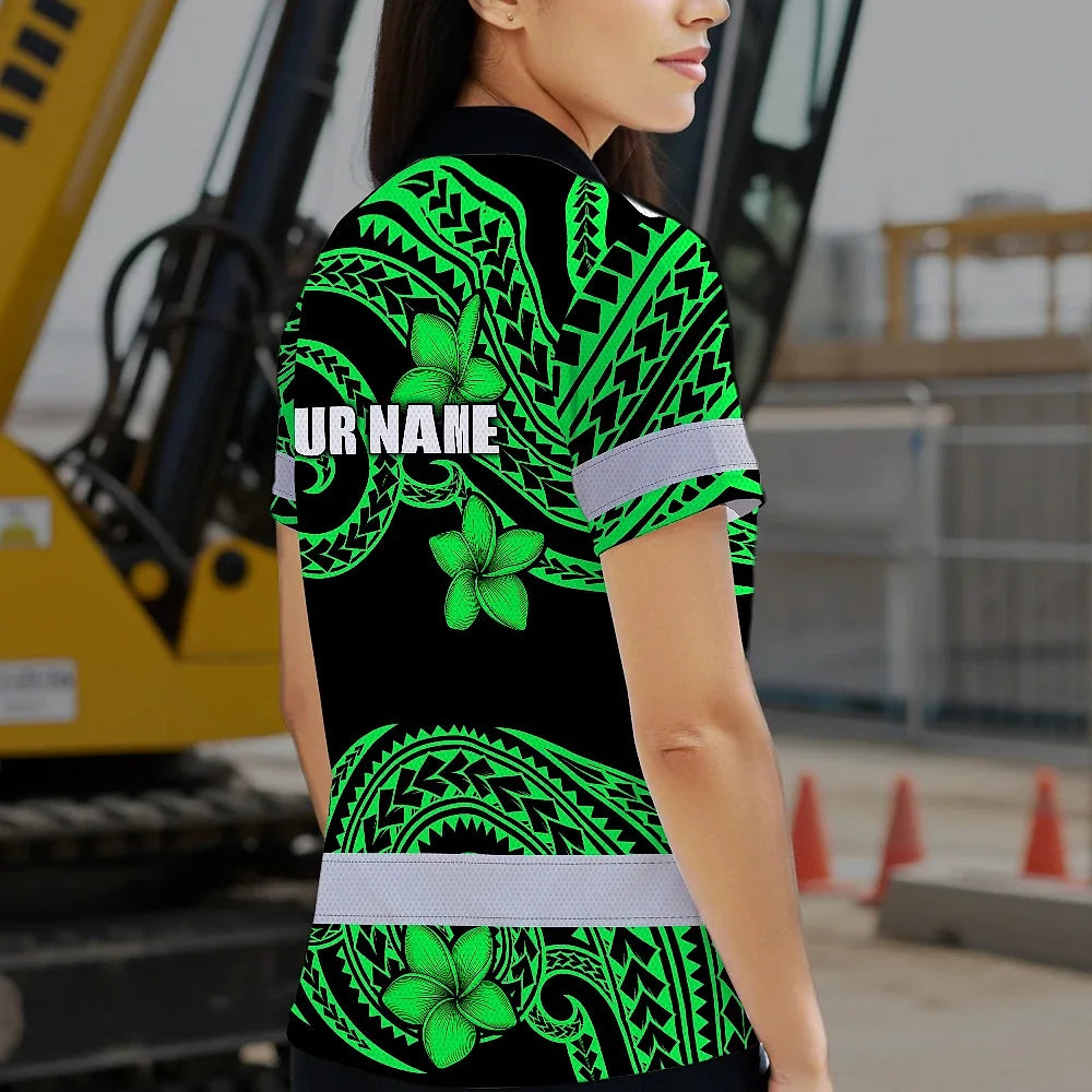 Hi Vis Polo Shirt Reflective Tapes Green Black Polynesian Custom Name Safety Workwear For Workers, Truckers, Operators