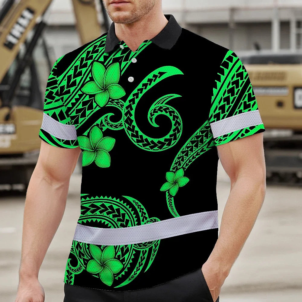 Hi Vis Polo Shirt Reflective Tapes Green Black Polynesian Custom Name Safety Workwear For Workers, Truckers, Operators