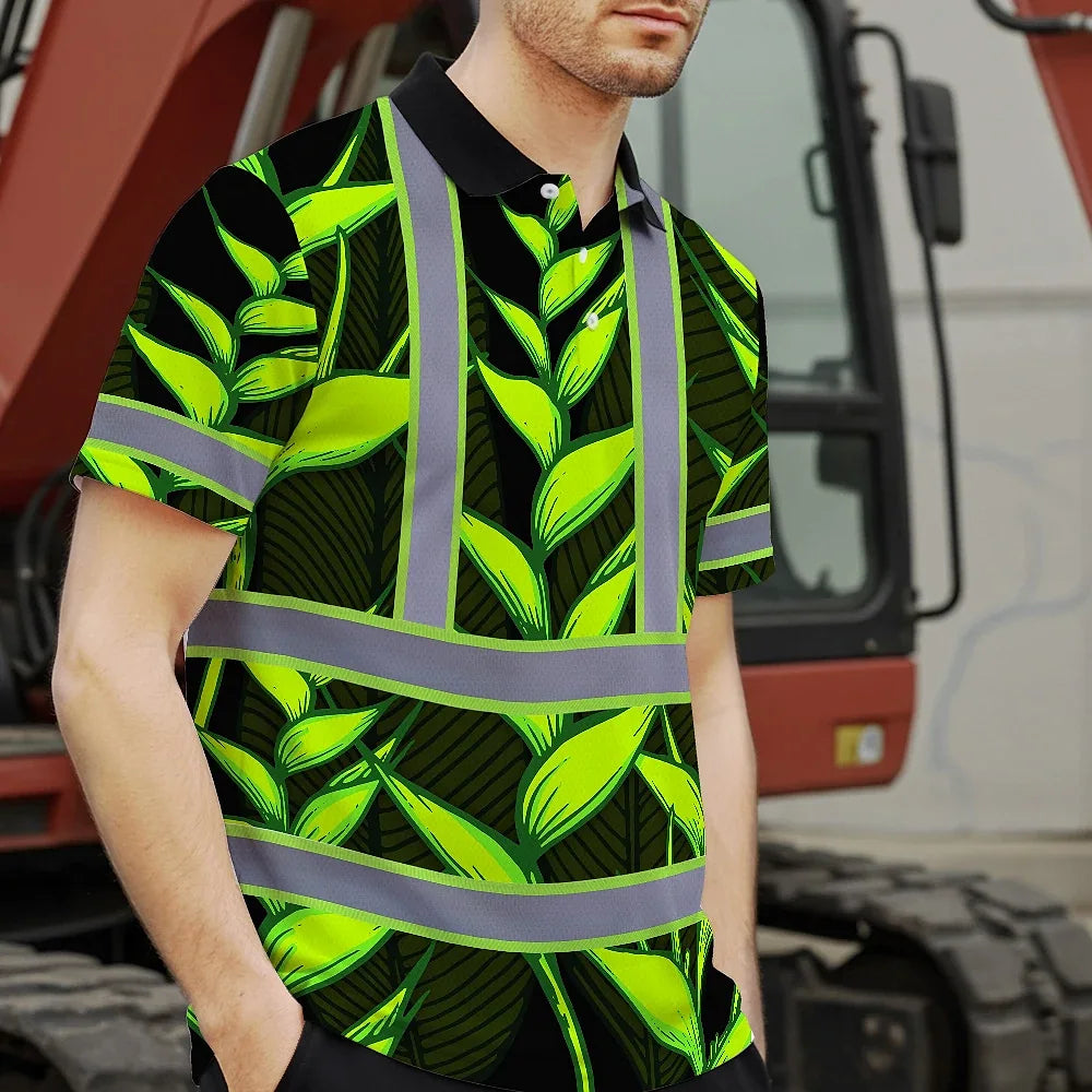 Hi Vis Polo Shirt Reflective Tapes Green Neon Black Heliconia Custom Name Safety Workwear For Workers, Truckers, Operators