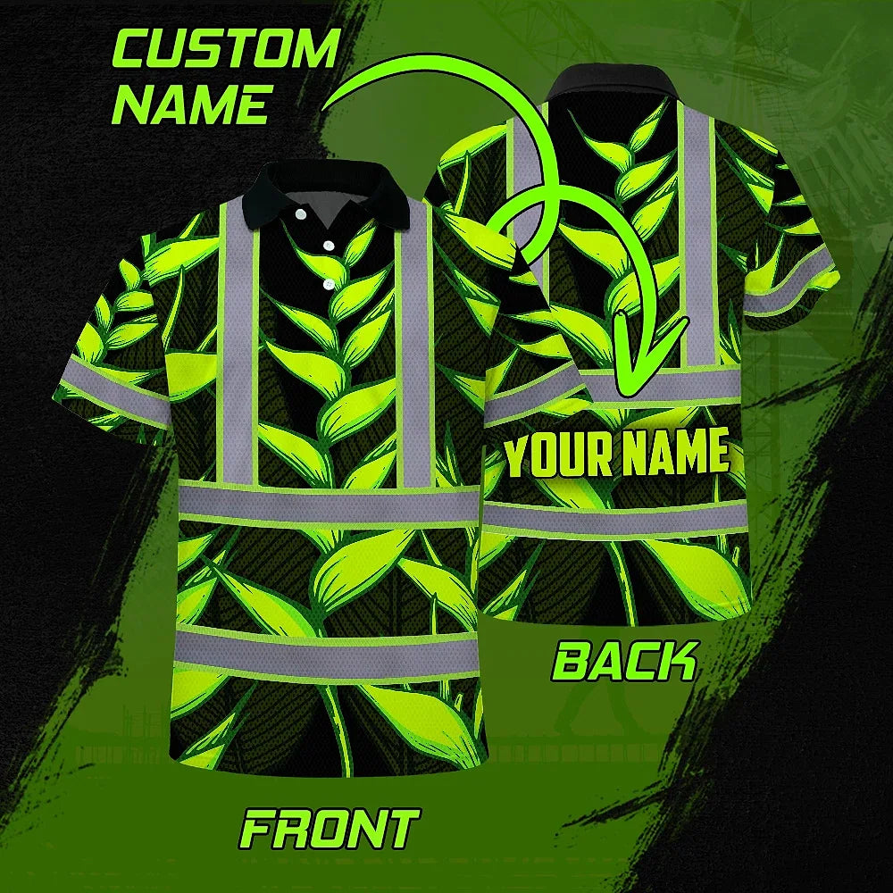 Hi Vis Polo Shirt Reflective Tapes Green Neon Black Heliconia Custom Name Safety Workwear For Workers, Truckers, Operators