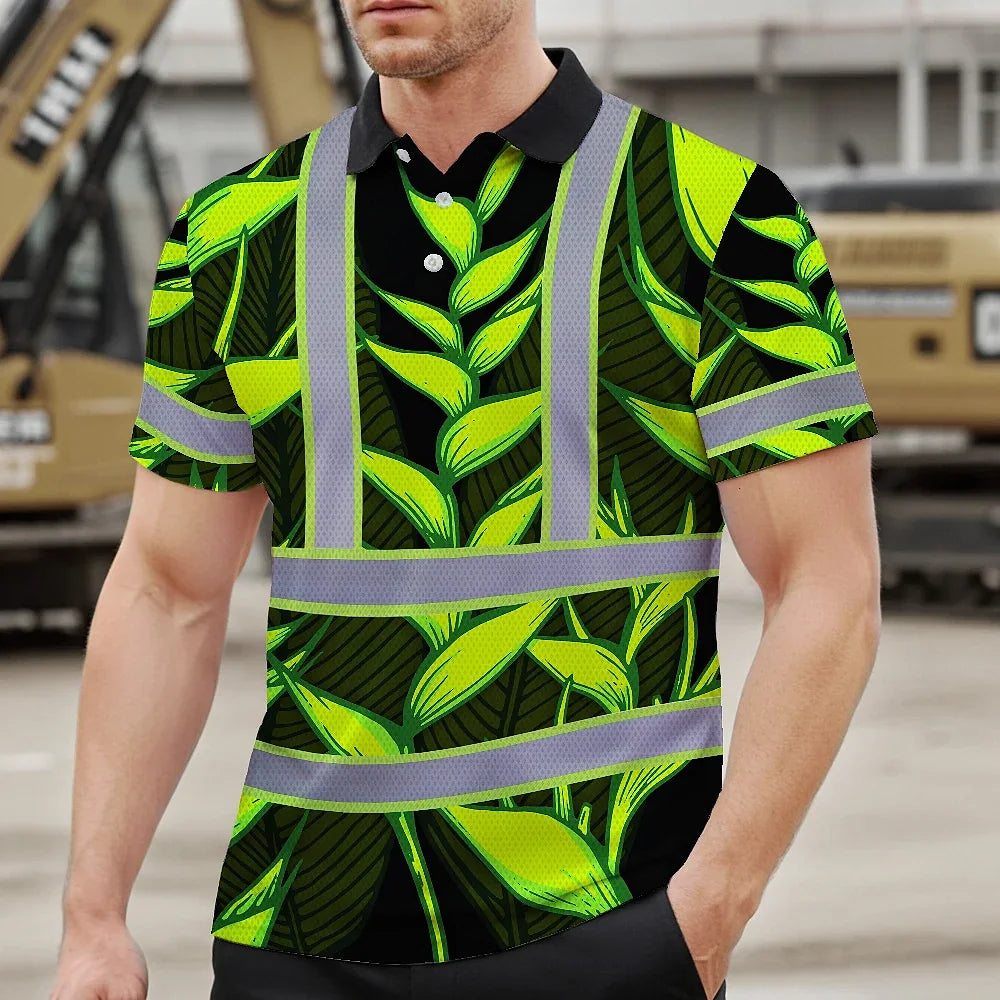 Hi Vis Polo Shirt Reflective Tapes Green Neon Black Heliconia Custom Name Safety Workwear For Workers, Truckers, Operators