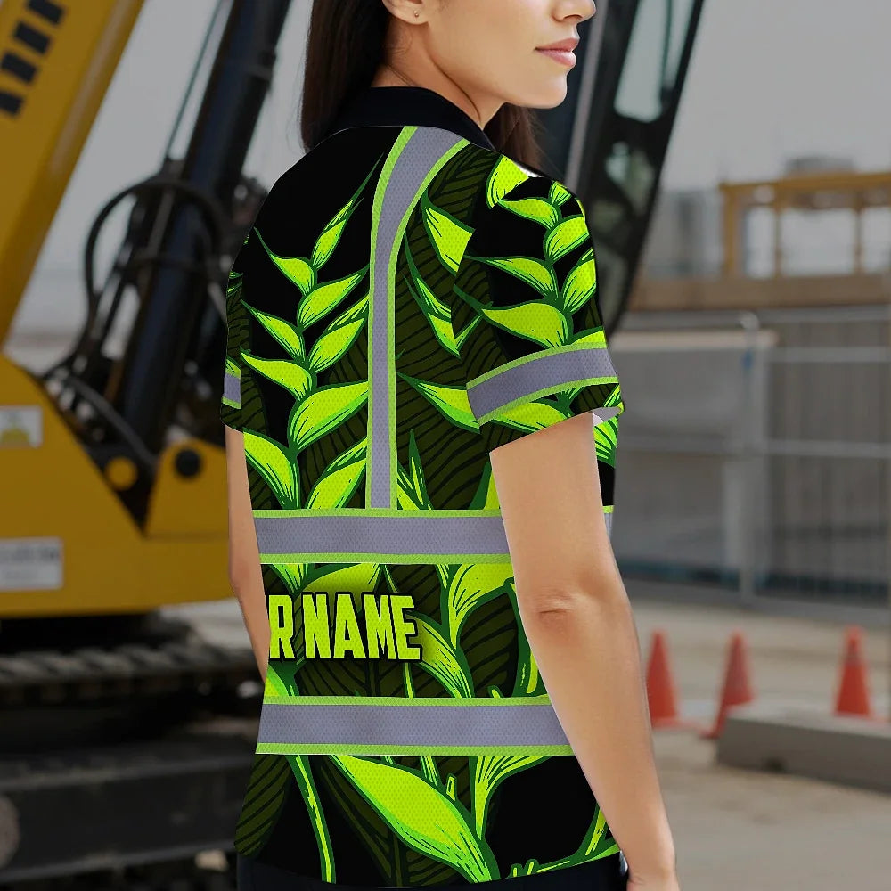 Hi Vis Polo Shirt Reflective Tapes Green Neon Black Heliconia Custom Name Safety Workwear For Workers, Truckers, Operators