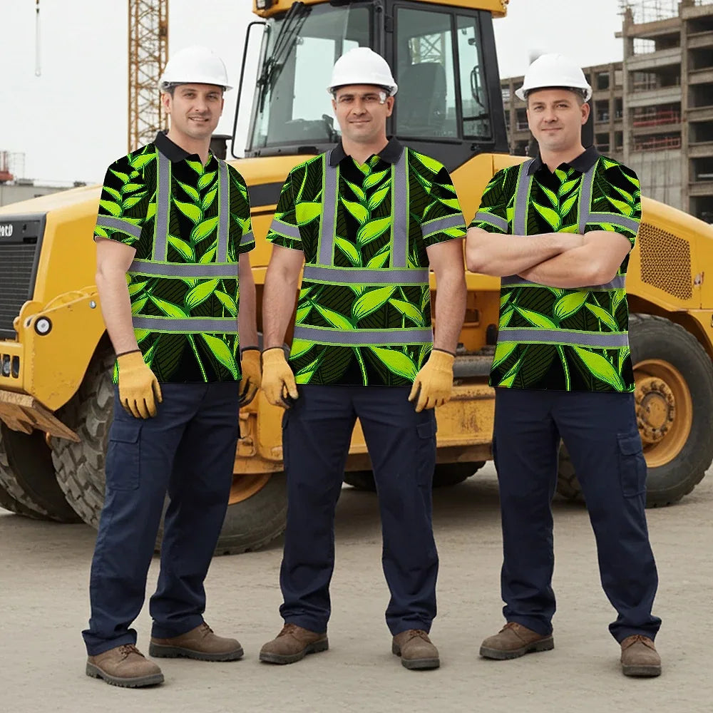 Hi Vis Polo Shirt Reflective Tapes Green Neon Black Heliconia Custom Name Safety Workwear For Workers, Truckers, Operators