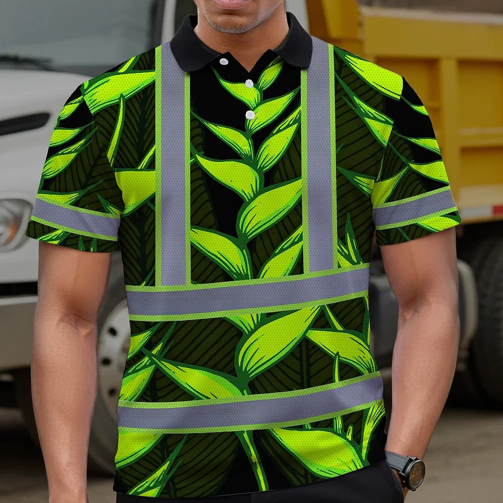 Hi Vis Polo Shirt Reflective Tapes Green Neon Black Heliconia Custom Name Safety Workwear For Workers, Truckers, Operators