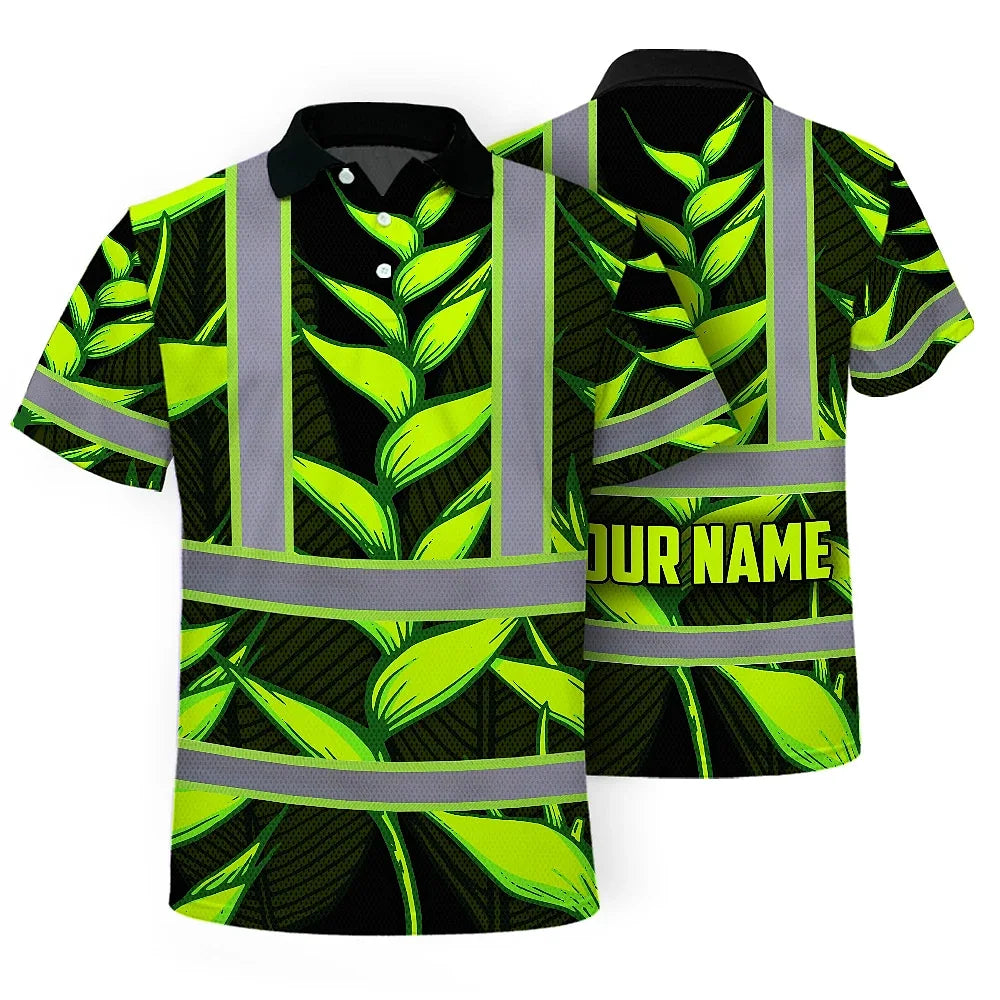 Hi Vis Polo Shirt Reflective Tapes Green Neon Black Heliconia Custom Name Safety Workwear For Workers, Truckers, Operators