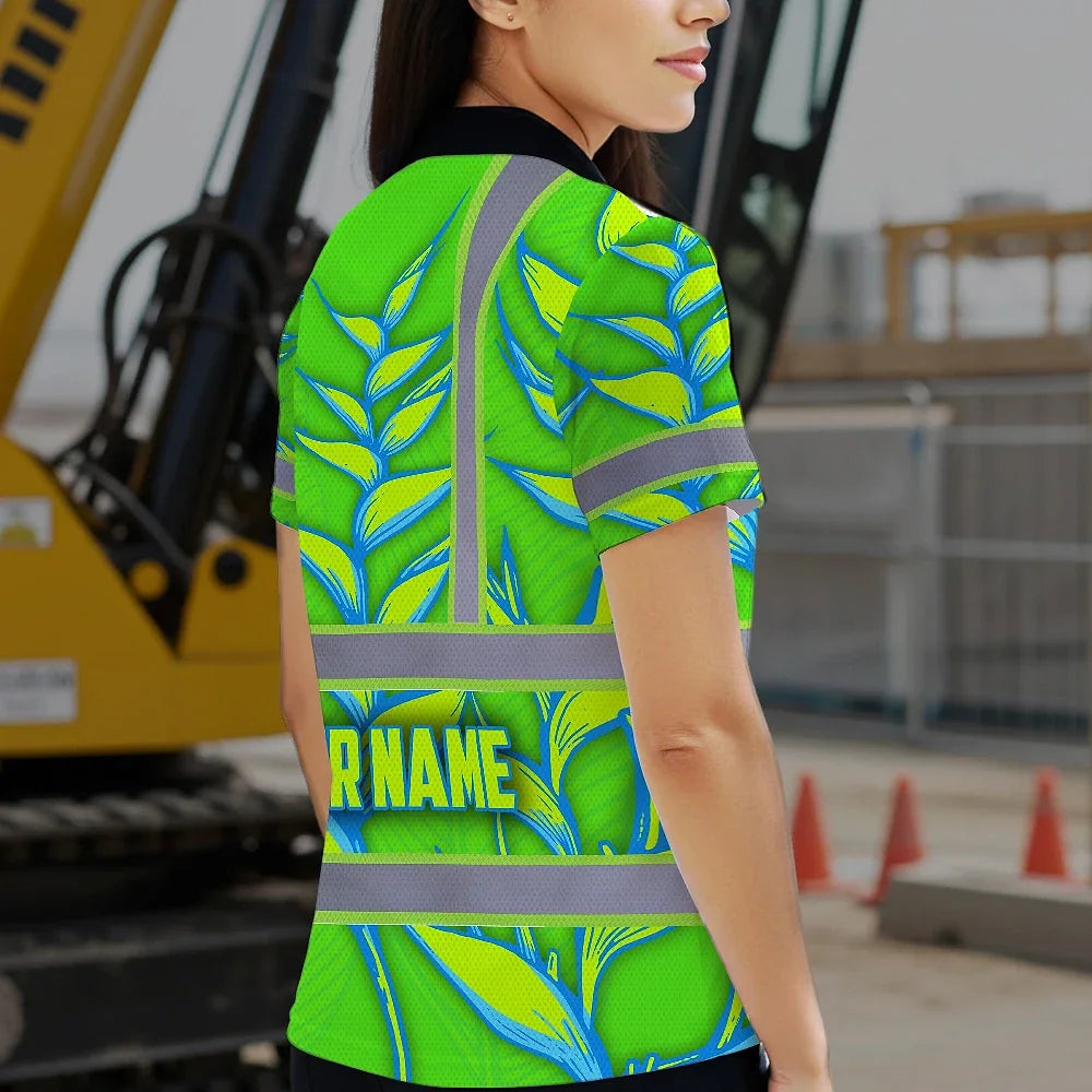 Hi Vis Polo Shirt Reflective Tapes Green Neon Blue Heliconia Custom Name Safety Workwear For Workers, Truckers, Operators