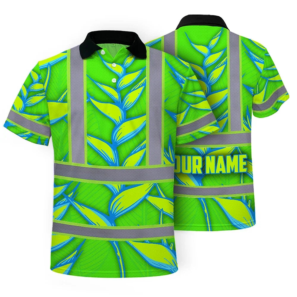 Hi Vis Polo Shirt Reflective Tapes Green Neon Blue Heliconia Custom Name Safety Workwear For Workers, Truckers, Operators
