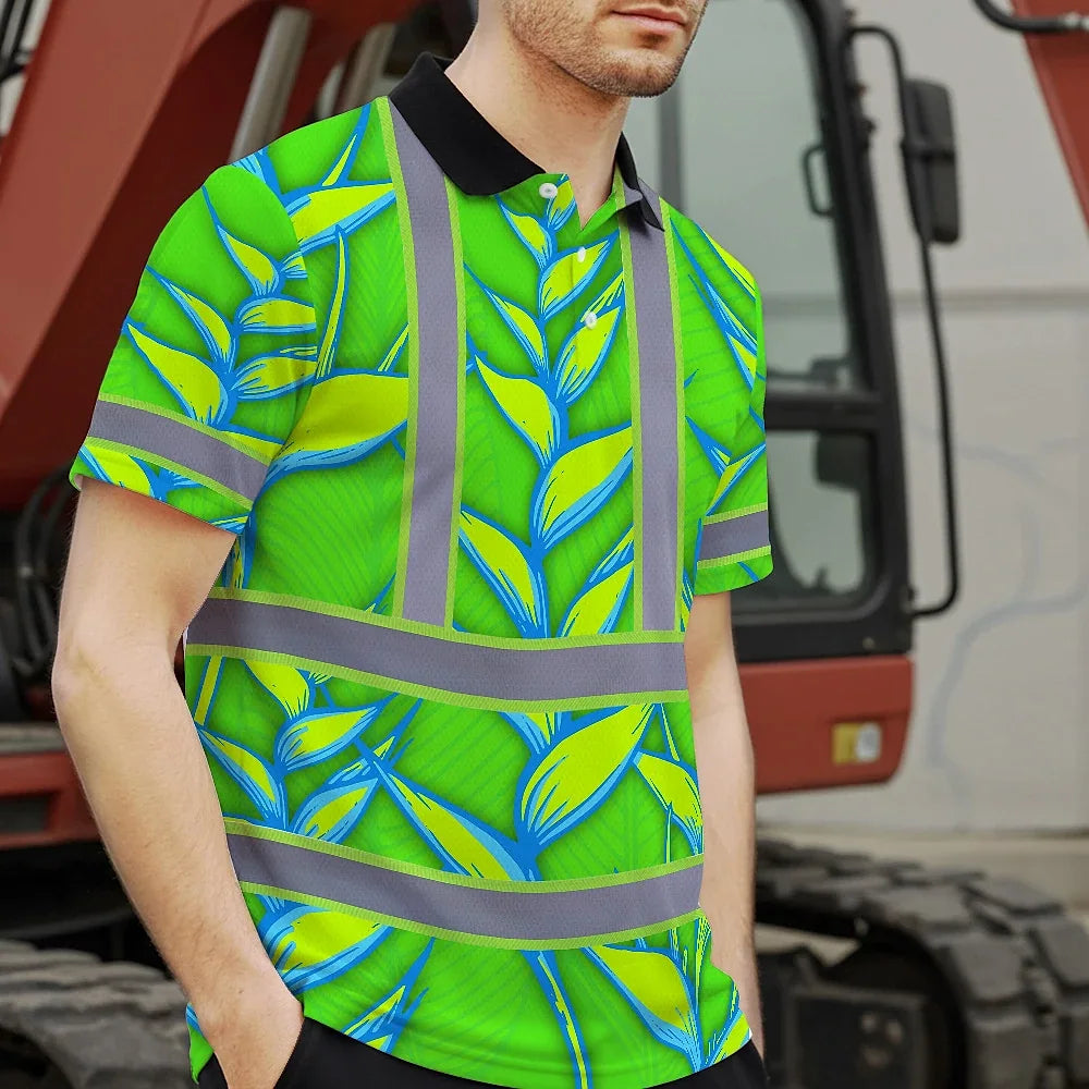 Hi Vis Polo Shirt Reflective Tapes Green Neon Blue Heliconia Custom Name Safety Workwear For Workers, Truckers, Operators