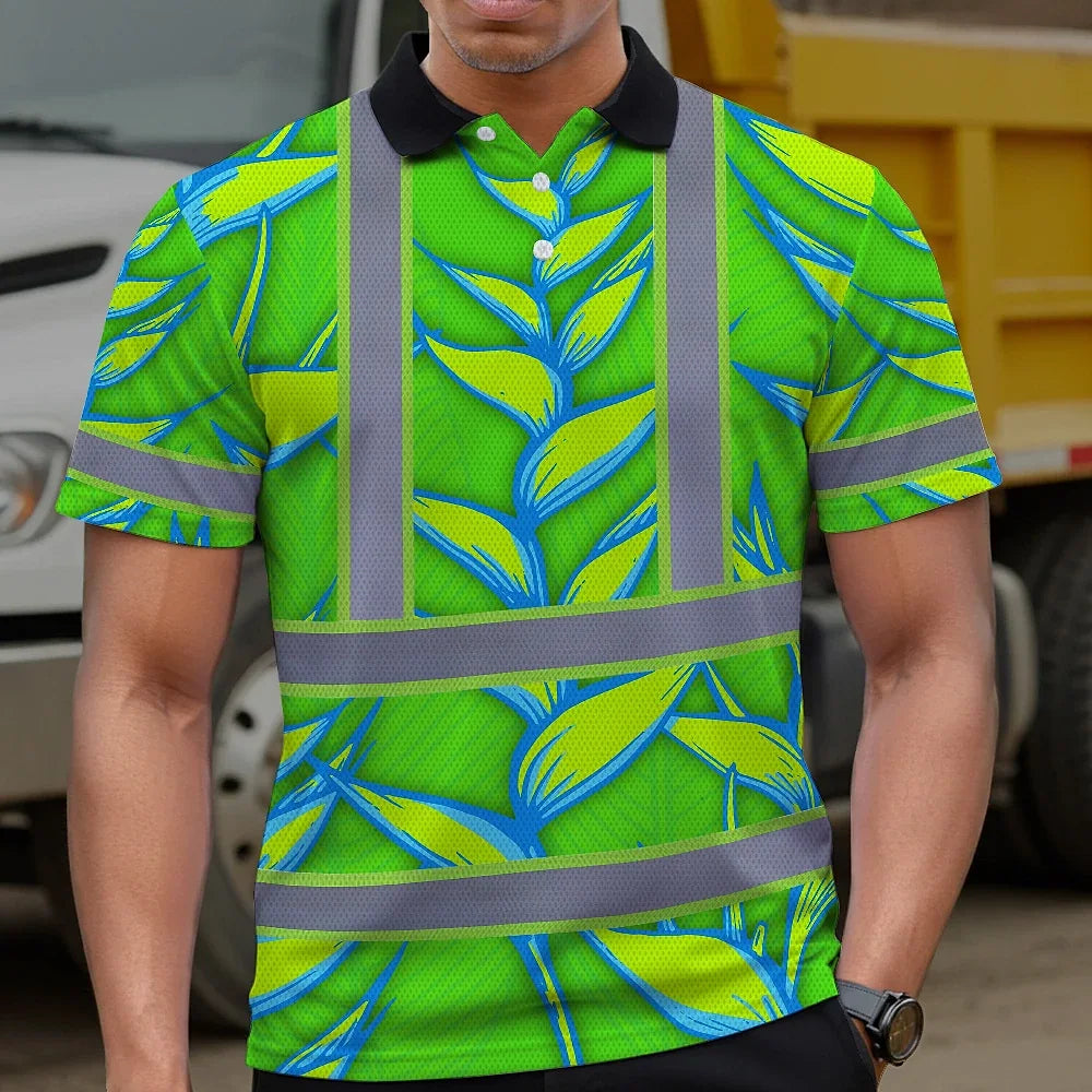 Hi Vis Polo Shirt Reflective Tapes Green Neon Blue Heliconia Custom Name Safety Workwear For Workers, Truckers, Operators