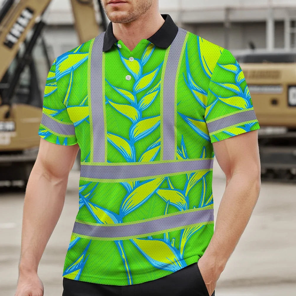 Hi Vis Polo Shirt Reflective Tapes Green Neon Blue Heliconia Custom Name Safety Workwear For Workers, Truckers, Operators