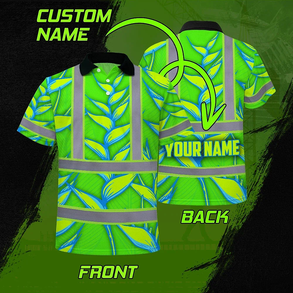 Hi Vis Polo Shirt Reflective Tapes Green Neon Blue Heliconia Custom Name Safety Workwear For Workers, Truckers, Operators