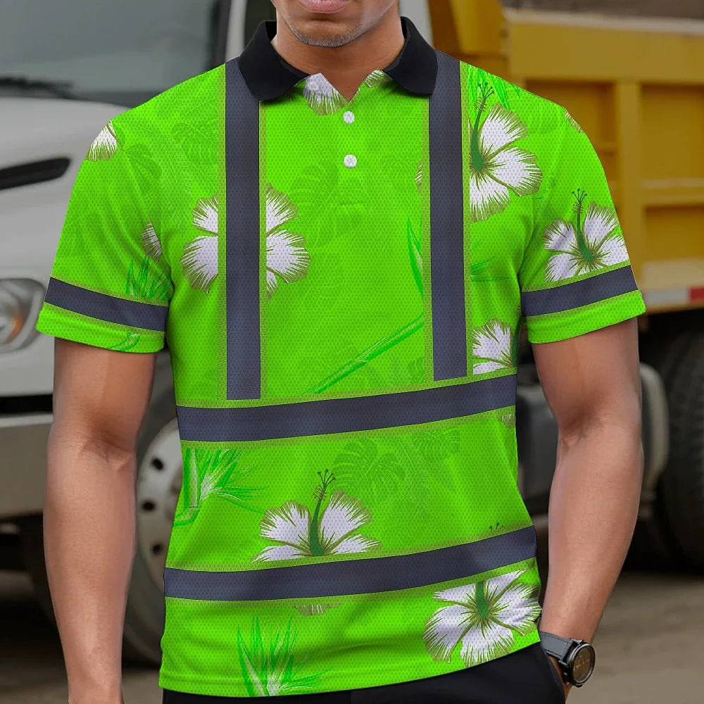 Hi Vis Polo Shirt Reflective Tapes Green Neon Custom Name Safety Workwear For Workers, Truckers, Operators