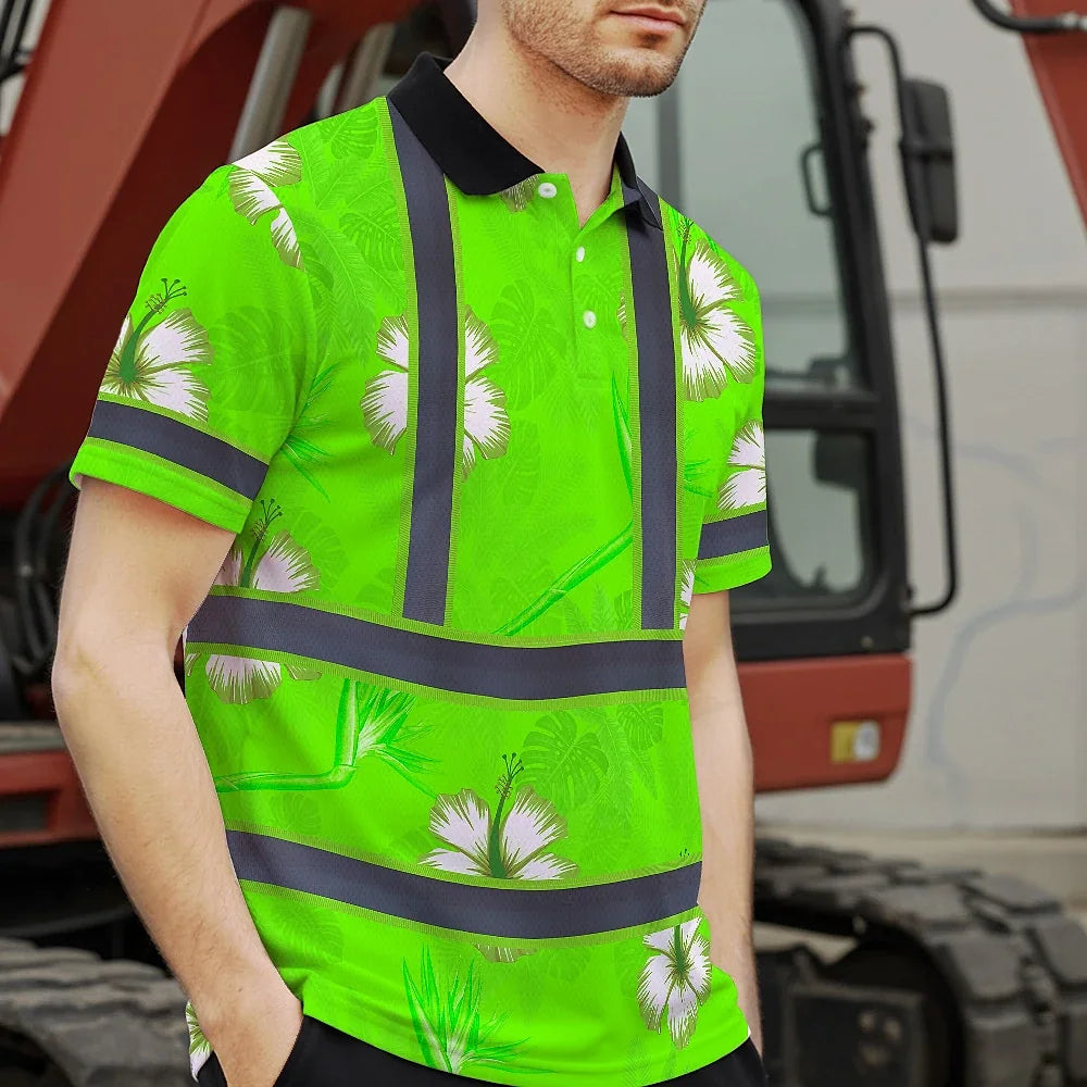 Hi Vis Polo Shirt Reflective Tapes Green Neon Custom Name Safety Workwear For Workers, Truckers, Operators