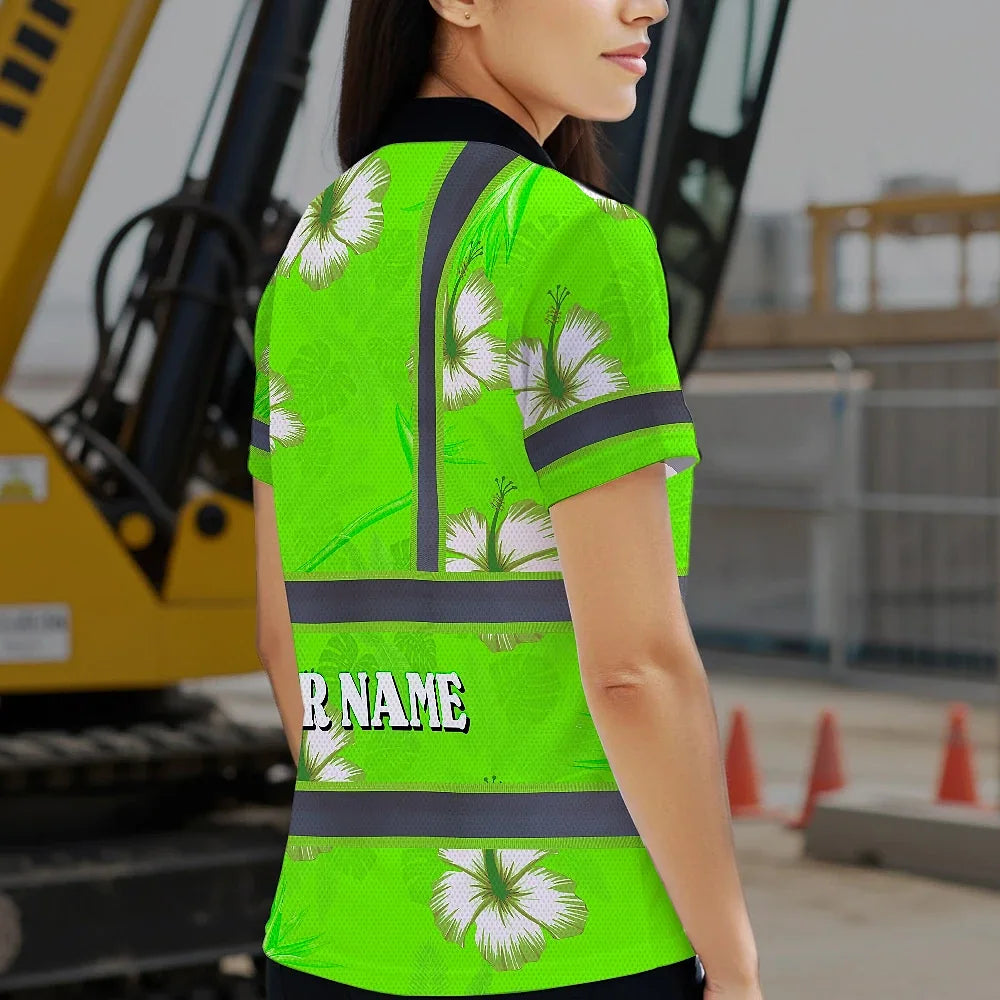 Hi Vis Polo Shirt Reflective Tapes Green Neon Custom Name Safety Workwear For Workers, Truckers, Operators