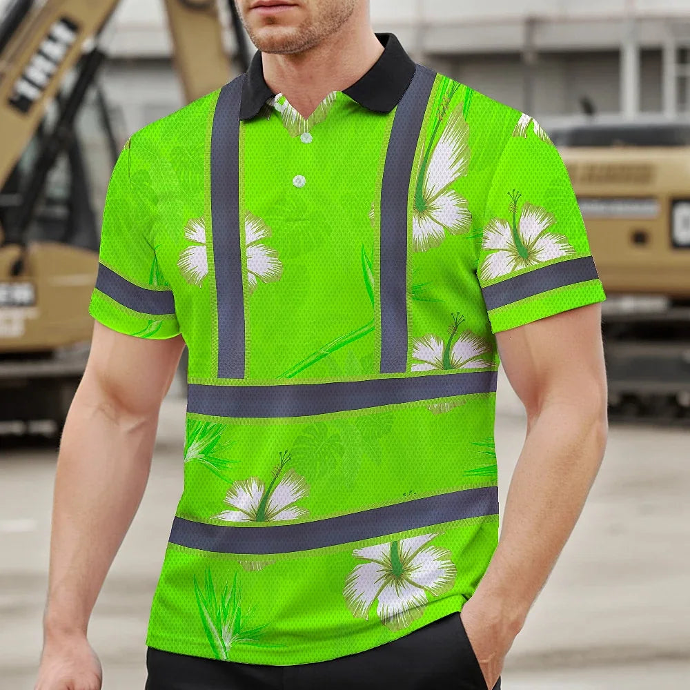 Hi Vis Polo Shirt Reflective Tapes Green Neon Custom Name Safety Workwear For Workers, Truckers, Operators