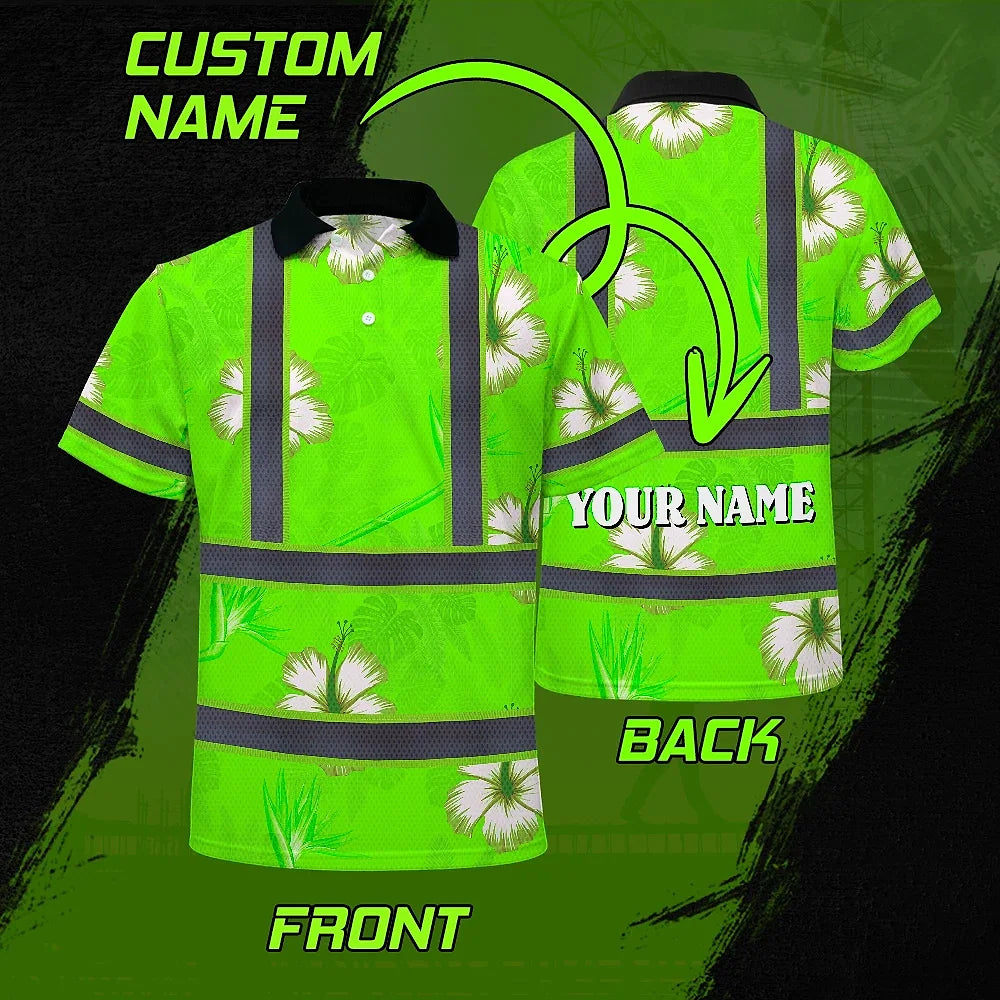 Hi Vis Polo Shirt Reflective Tapes Green Neon Custom Name Safety Workwear For Workers, Truckers, Operators