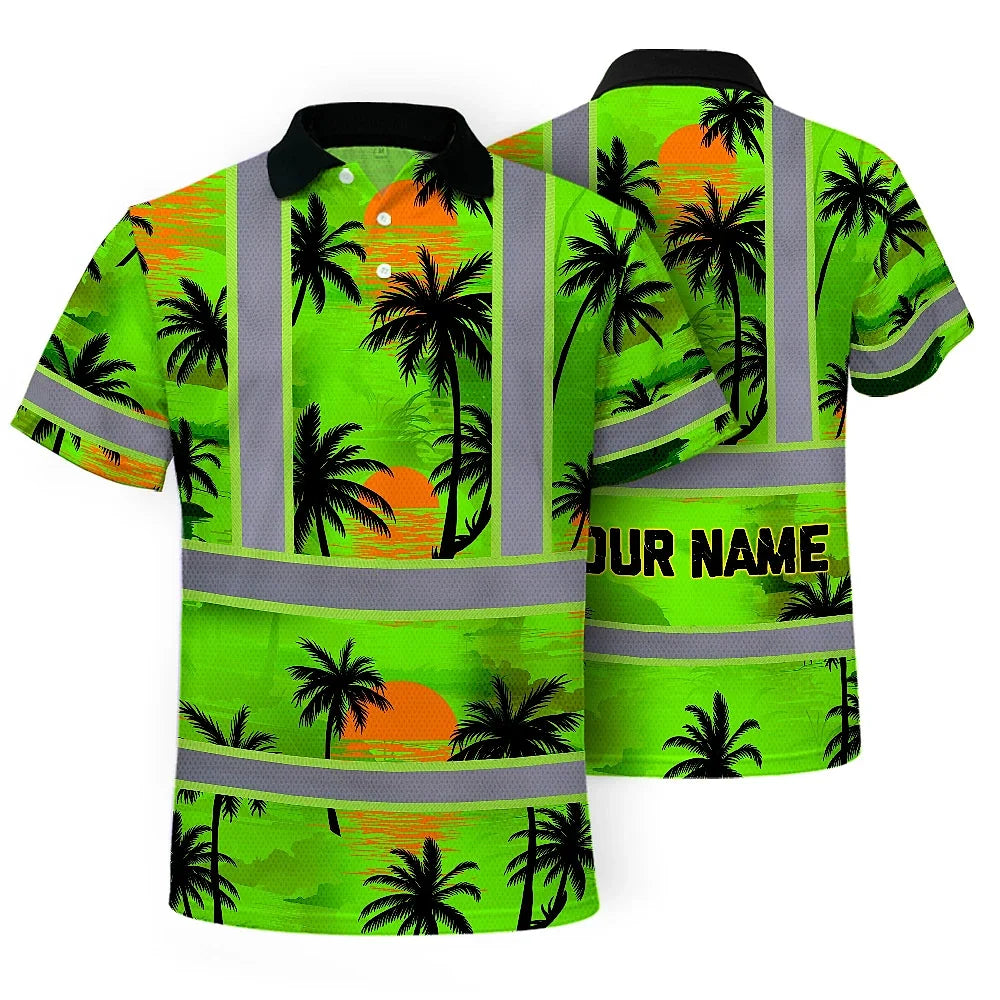 Hi Vis Polo Shirt Reflective Tapes Green Neon Flowers Custom Name