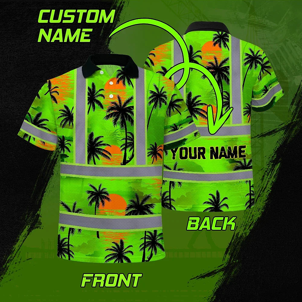 Hi Vis Polo Shirt Reflective Tapes Green Neon Flowers Custom Name
