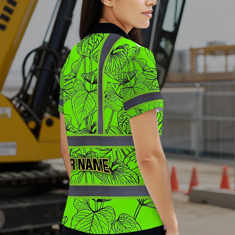 Hi Vis Polo Shirt Reflective Tapes Green Neon Flowers Custom Name Safety Workwear For Workers, Truckers, Operators