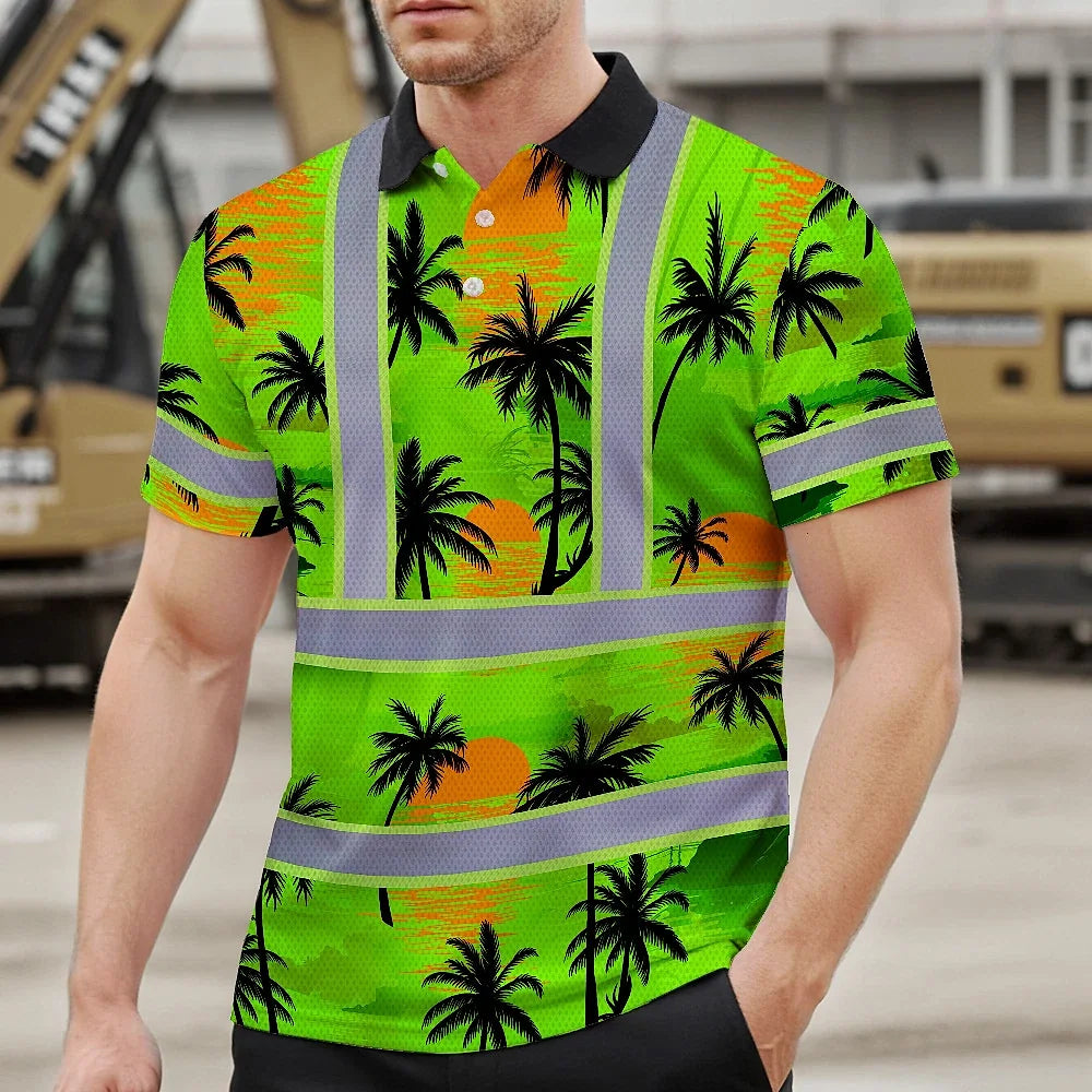 Hi Vis Polo Shirt Reflective Tapes Green Neon Flowers Custom Name
