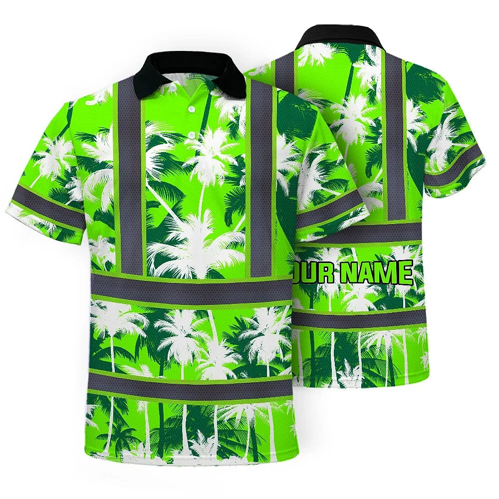 Hi Vis Polo Shirt Reflective Tapes Green Neon Flowers Custom Name Safety Workwear For Workers, Truckers, Operators