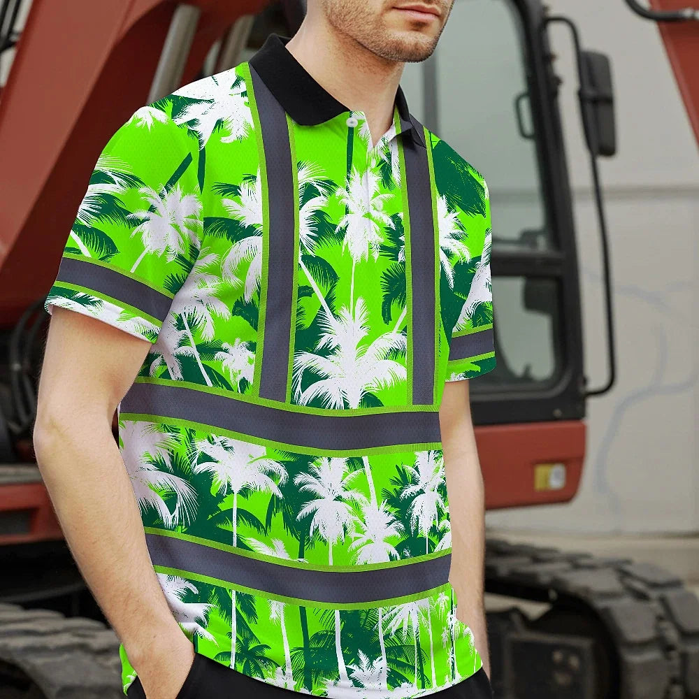Hi Vis Polo Shirt Reflective Tapes Green Neon Flowers Custom Name Safety Workwear For Workers, Truckers, Operators