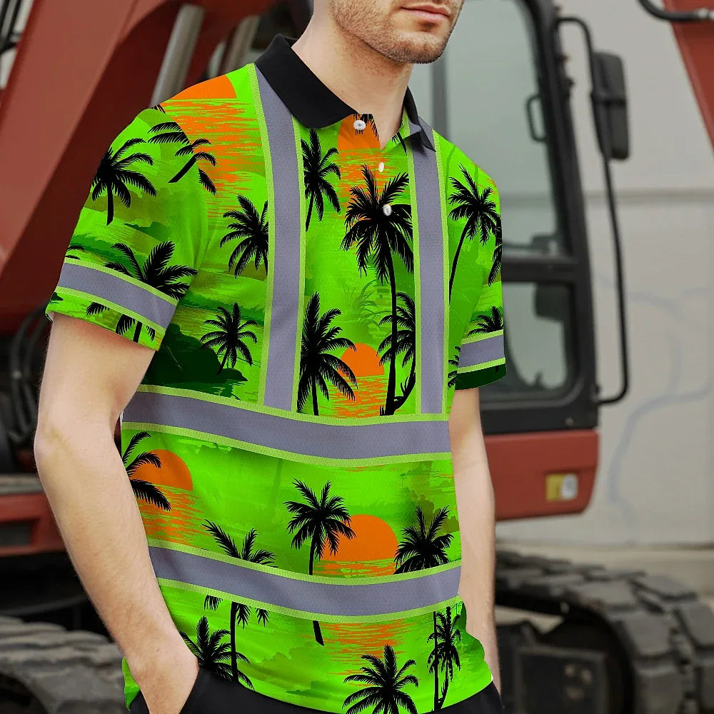 Hi Vis Polo Shirt Reflective Tapes Green Neon Flowers Custom Name