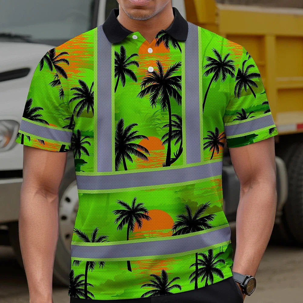 Hi Vis Polo Shirt Reflective Tapes Green Neon Flowers Custom Name
