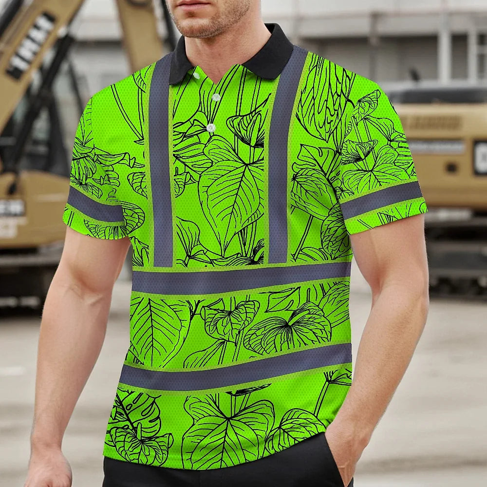 Hi Vis Polo Shirt Reflective Tapes Green Neon Flowers Custom Name Safety Workwear For Workers, Truckers, Operators