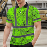 Hi Vis Polo Shirt Reflective Tapes Green Neon Flowers Custom Name Safety Workwear For Workers, Truckers, Operators