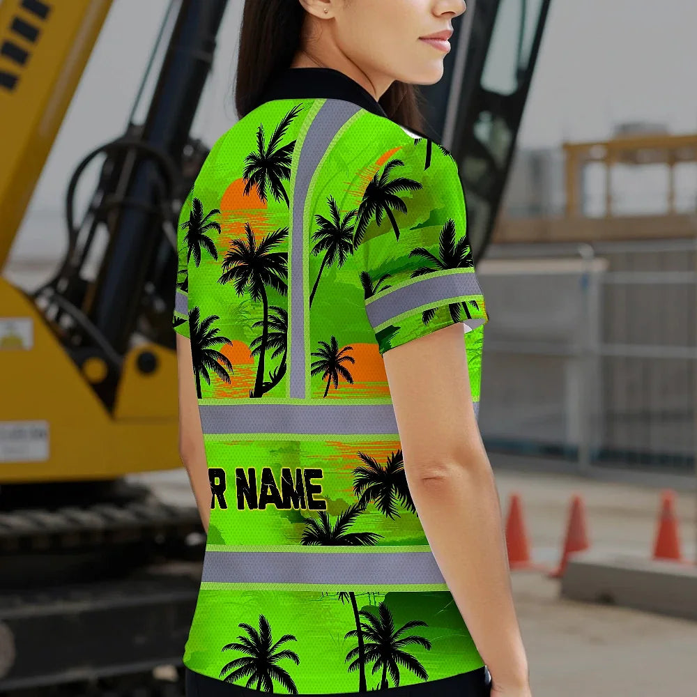 Hi Vis Polo Shirt Reflective Tapes Green Neon Flowers Custom Name