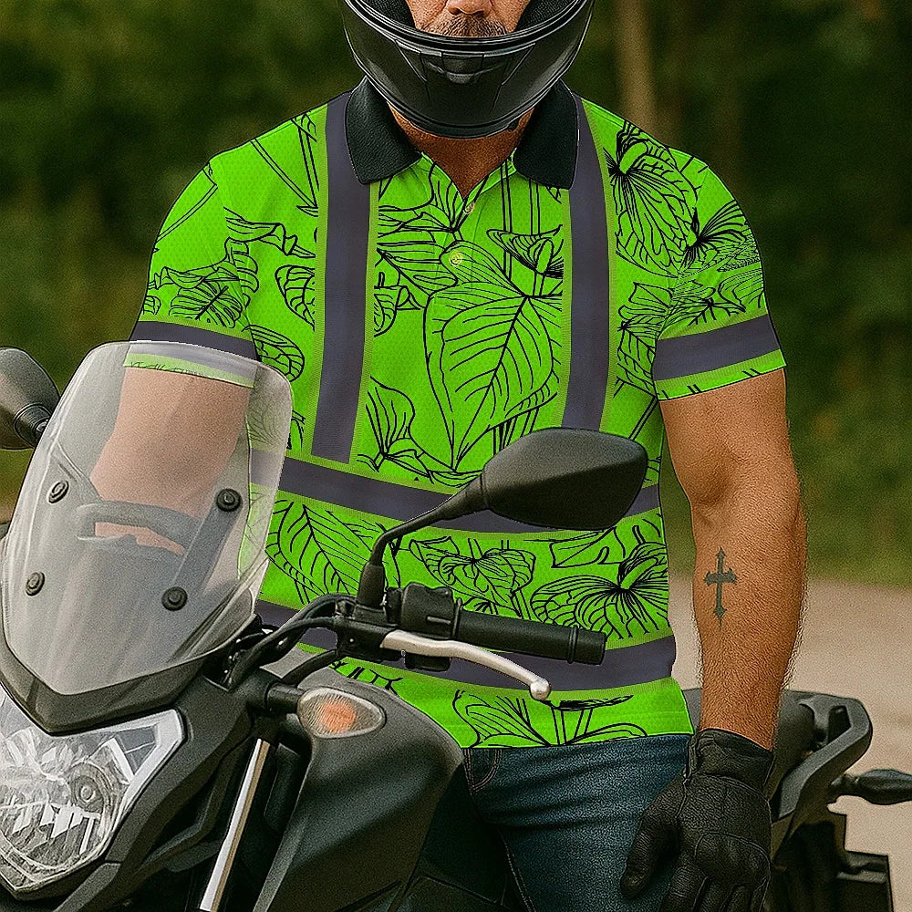 Hi Vis Polo Shirt Reflective Tapes Green Neon Flowers Custom Name Safety Workwear For Workers, Truckers, Operators